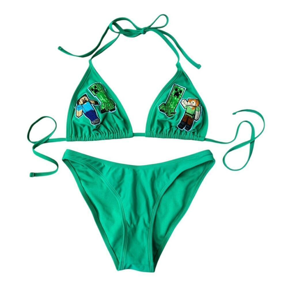MINECRAFT Green Bikini Skirt Set With Visor Matching Men’s Swim Trunks S/L/XL - Picture 4 of 10